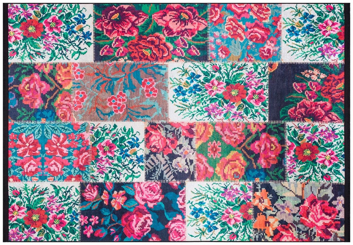 Red Floral Patchwork Rug – Washable Bohemian Area Rug – Vintage Style Living Room Carpet