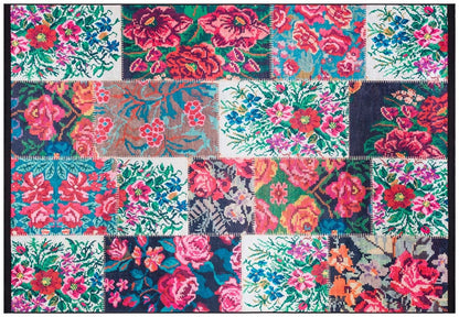 Red Floral Patchwork Rug – Washable Bohemian Area Rug – Vintage Style Living Room Carpet