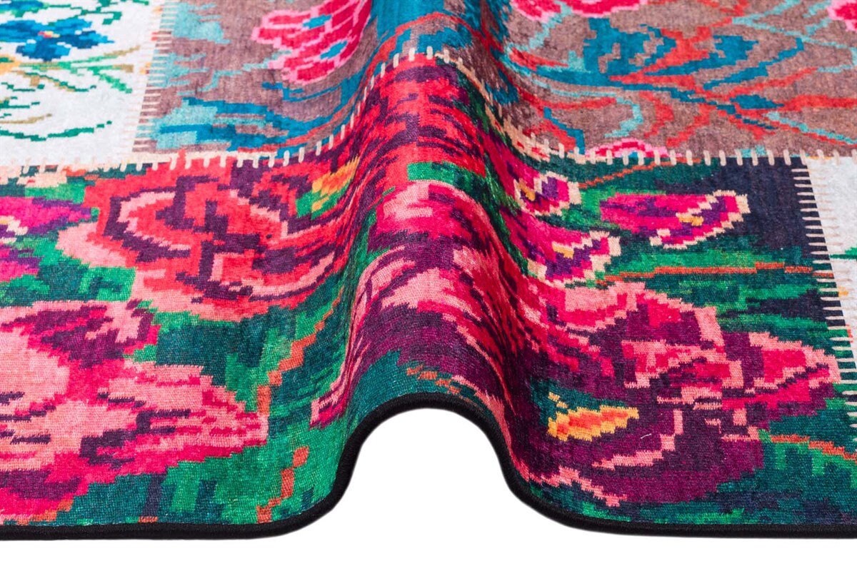 Red Floral Patchwork Rug – Washable Bohemian Area Rug – Vintage Style Living Room Carpet