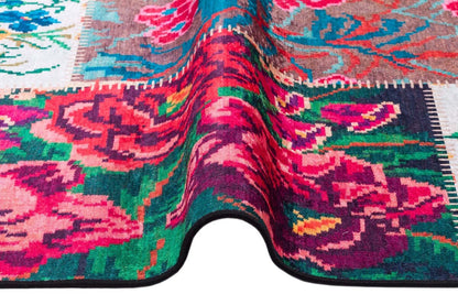 Red Floral Patchwork Rug – Washable Bohemian Area Rug – Vintage Style Living Room Carpet