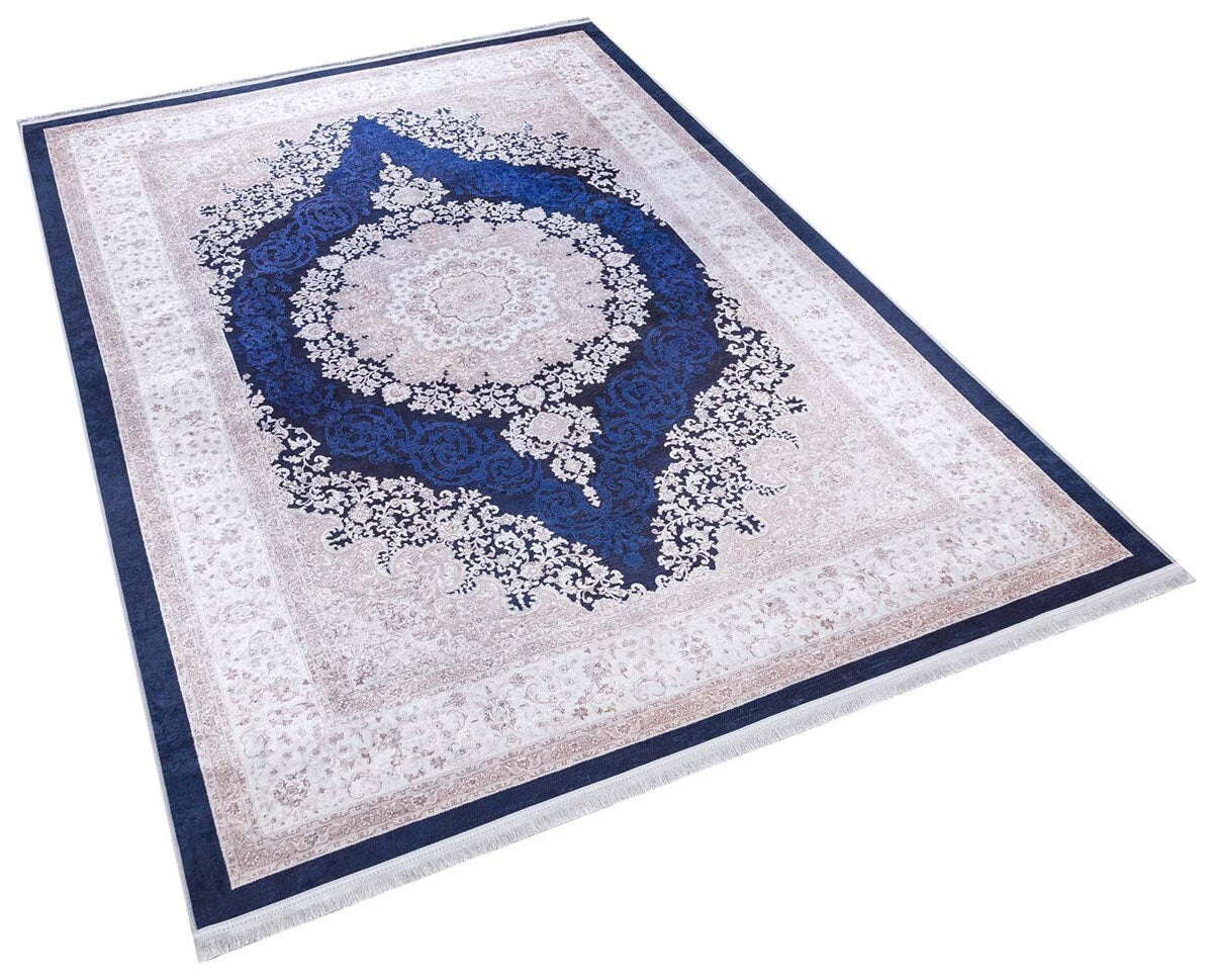 Navy Blue Ivory Oriental Medallion Area Rug, Distressed Persian Style Carpet