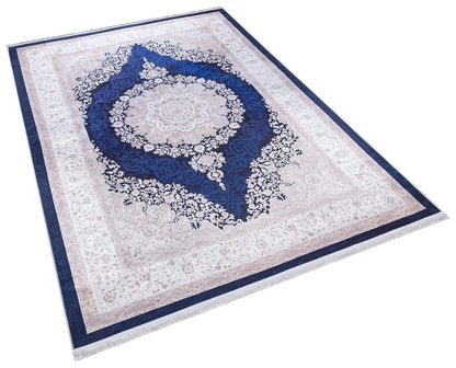Navy Blue Ivory Oriental Medallion Area Rug, Distressed Persian Style Carpet