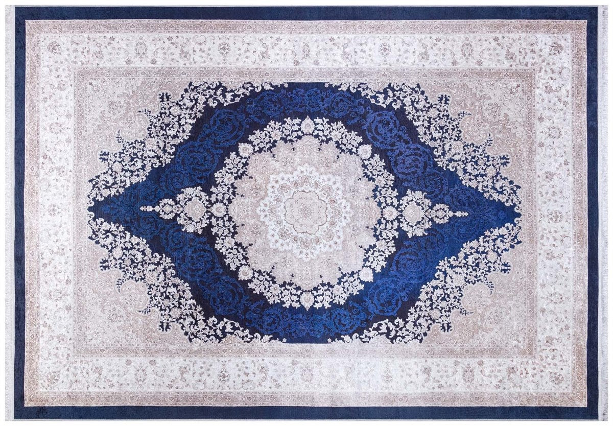Navy Blue Ivory Oriental Medallion Area Rug, Distressed Persian Style Carpet