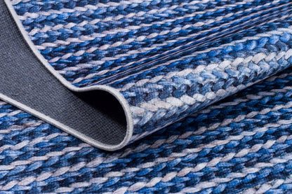 Washable Blue Striped Area Rug, Modern Scandinavian Carpet, Farmhouse Bedroom Mat