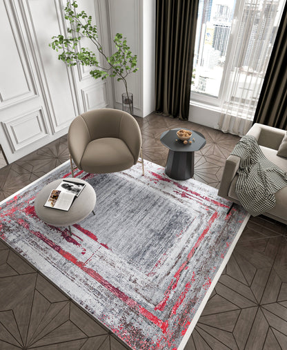 Modern Distressed Area Rug – Grey Crimson Abstract Carpet, Low Pile Non-Slip Floor Decor