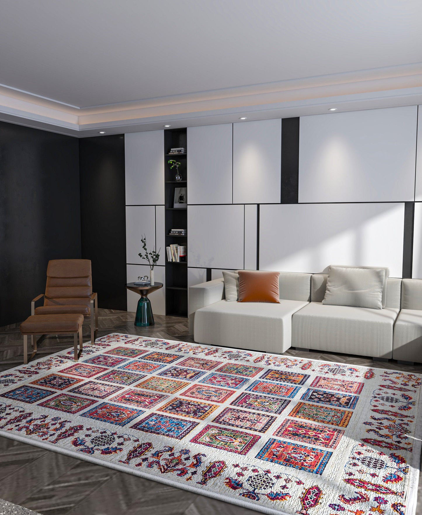 Modern Boho Persian Rug – Washable Tribal Grid Carpet for Living Room