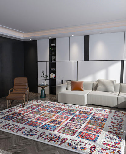 Modern Boho Persian Rug – Washable Tribal Grid Carpet for Living Room