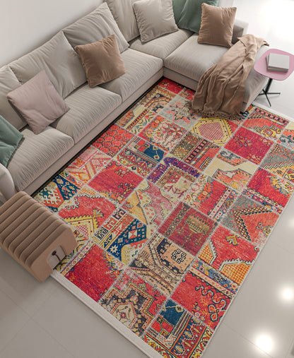 Red Boho Patchwork Area Rug – Turkish Kilim Style, Non-Slip Carpet
