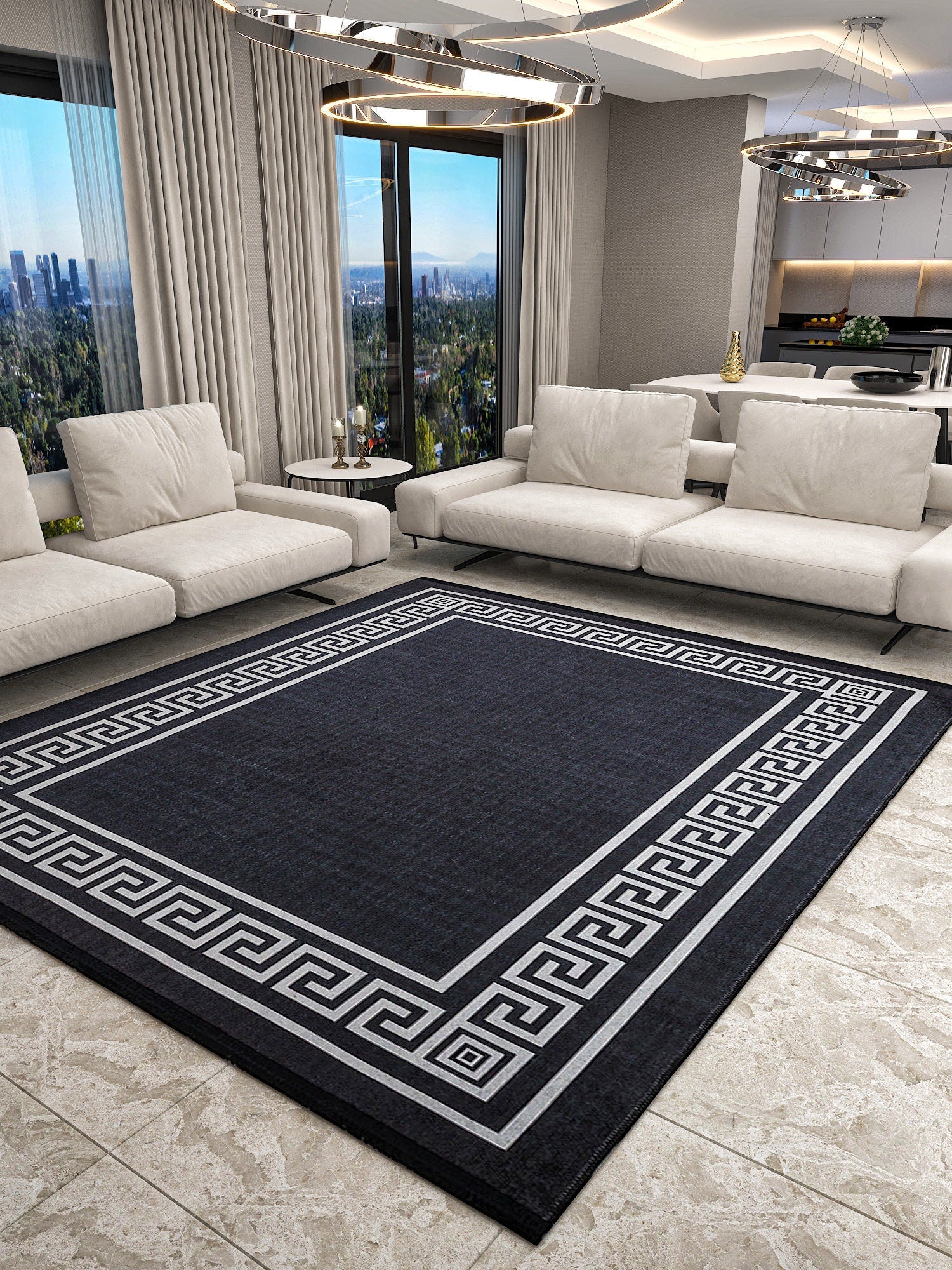 Black White Greek Key Area Rug – Modern Minimalist Meander Living Room Carpet
