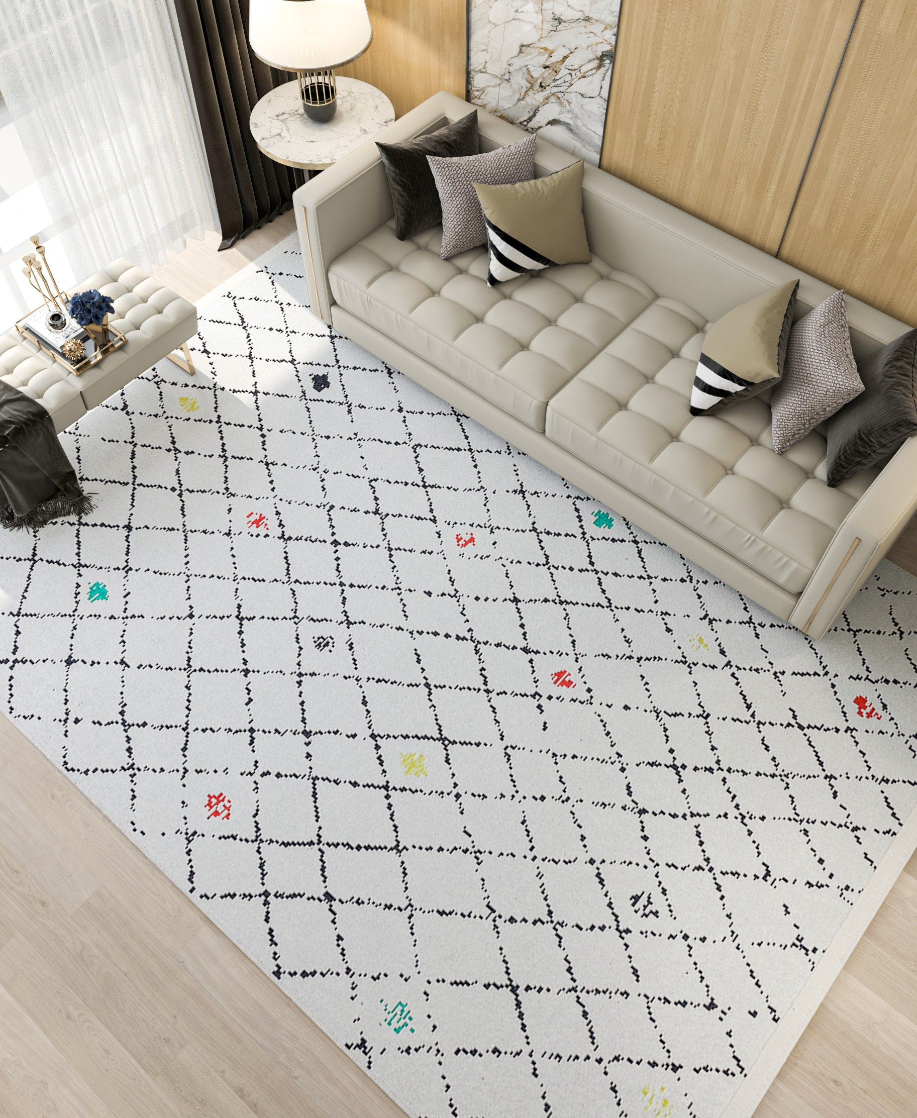 Washable Boho Diamond Rug – Cream Grey Beni Ourain Style Carpet