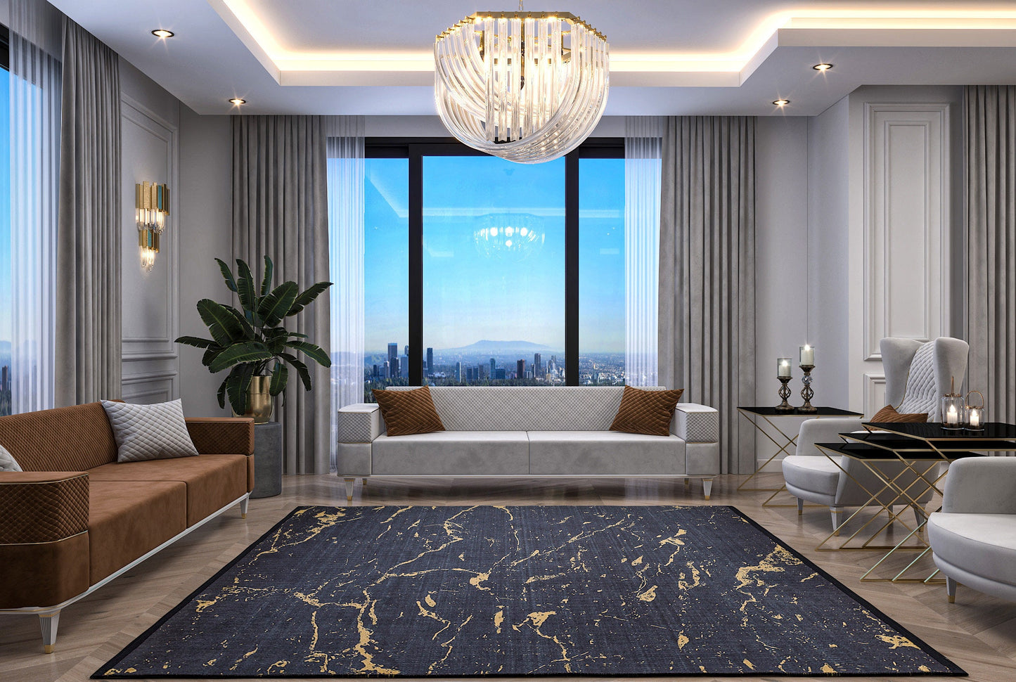 Washable Marble Area Rug – Charcoal Gold Veining, Modern Abstract Carpet