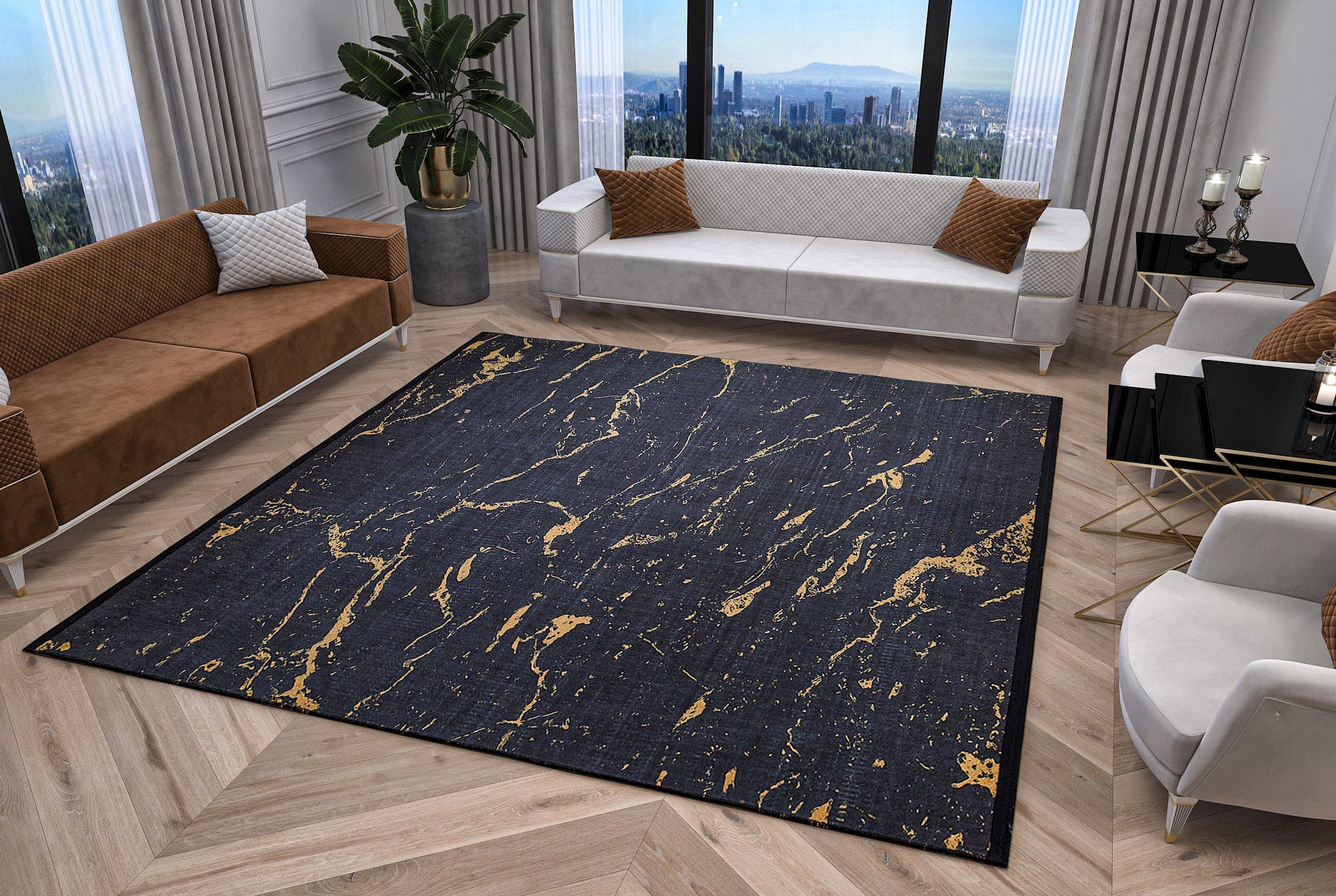 Washable Marble Area Rug – Charcoal Gold Veining, Modern Abstract Carpet