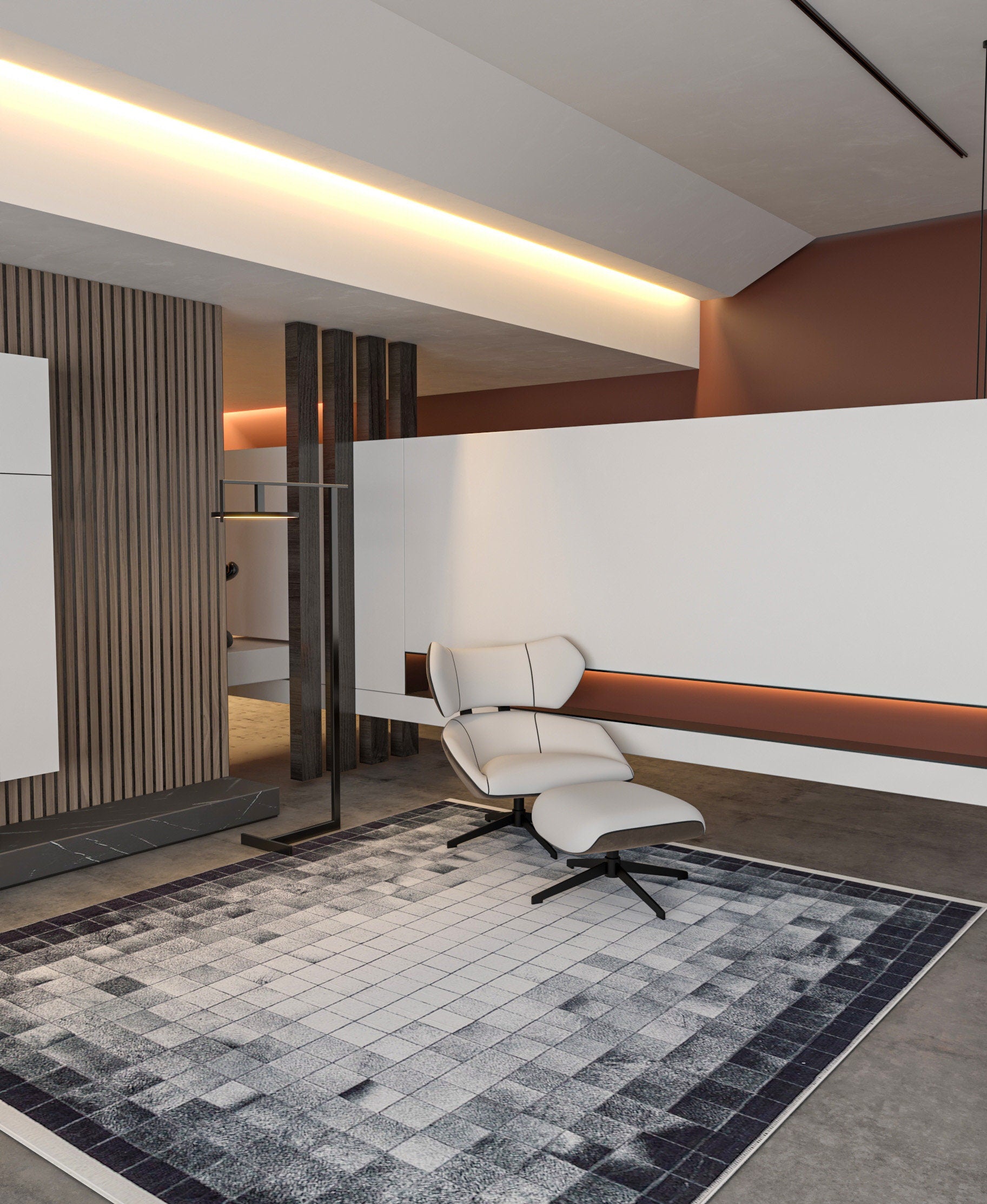Modern Geometric Area Rug, Black White Pixel Pattern, Washable Scandinavian Carpet