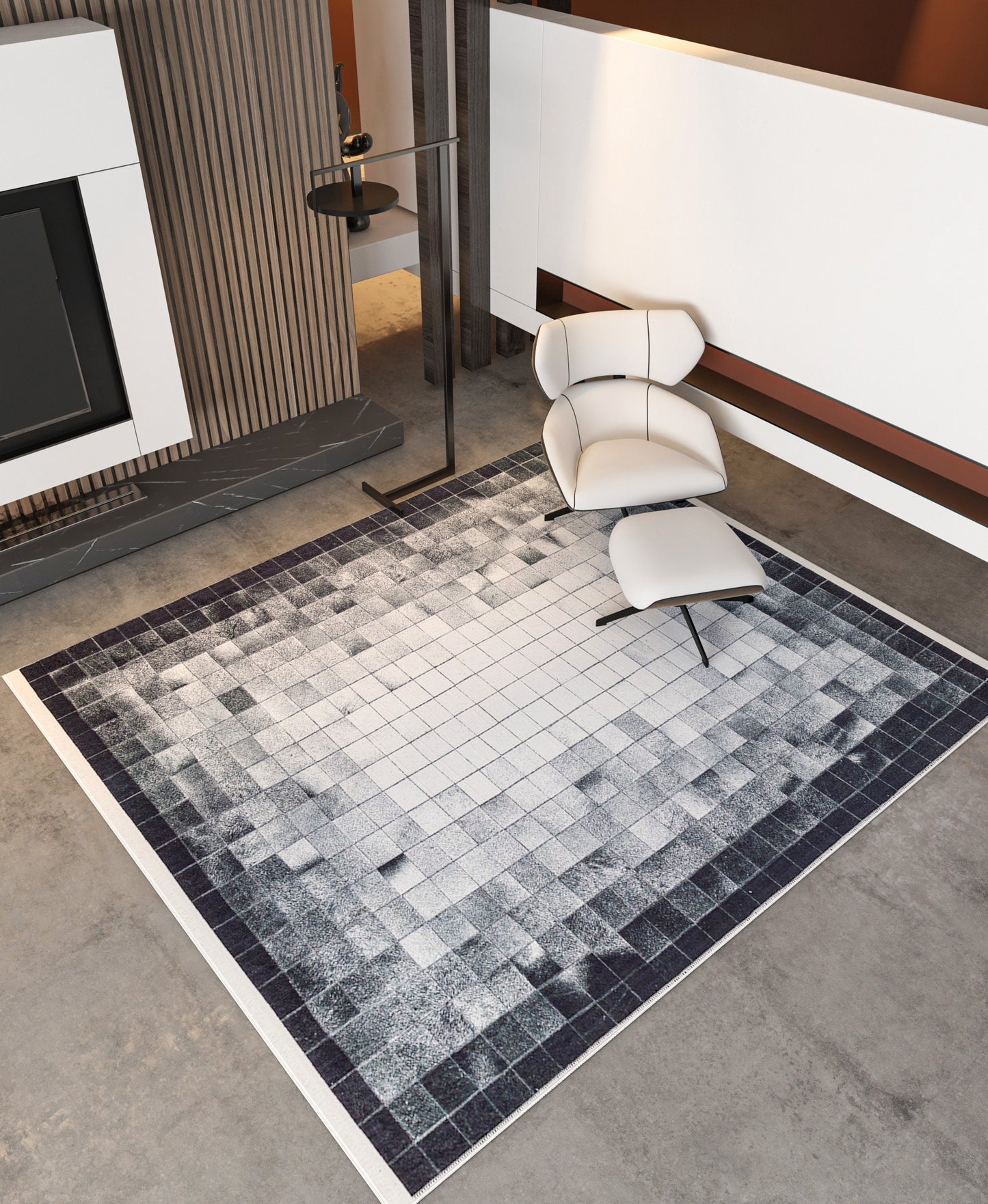 Modern Geometric Area Rug, Black White Pixel Pattern, Washable Scandinavian Carpet