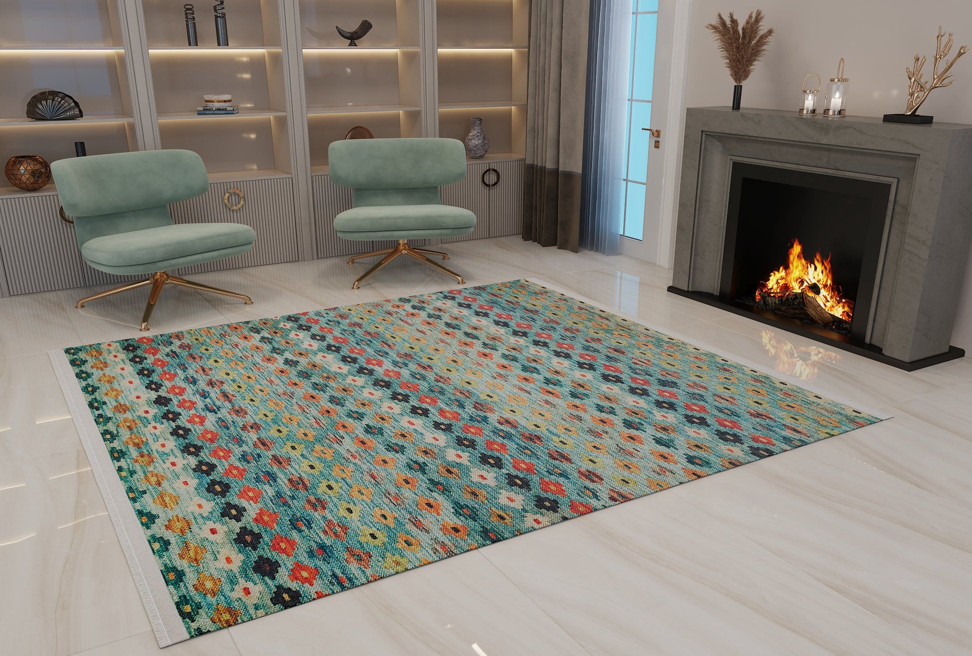 Washable Kilim-Style Area Rug: Boho Geometric Design