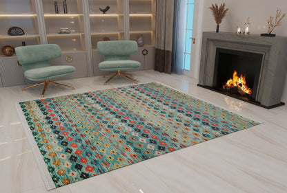 Washable Kilim-Style Area Rug: Boho Geometric Design