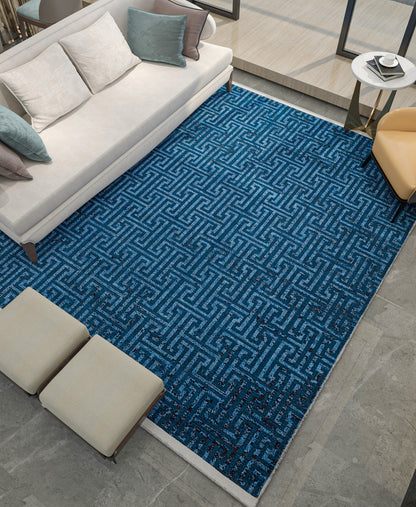 Navy Blue Greek Key Washable Area Rug, Distressed Indigo Geometric Carpet