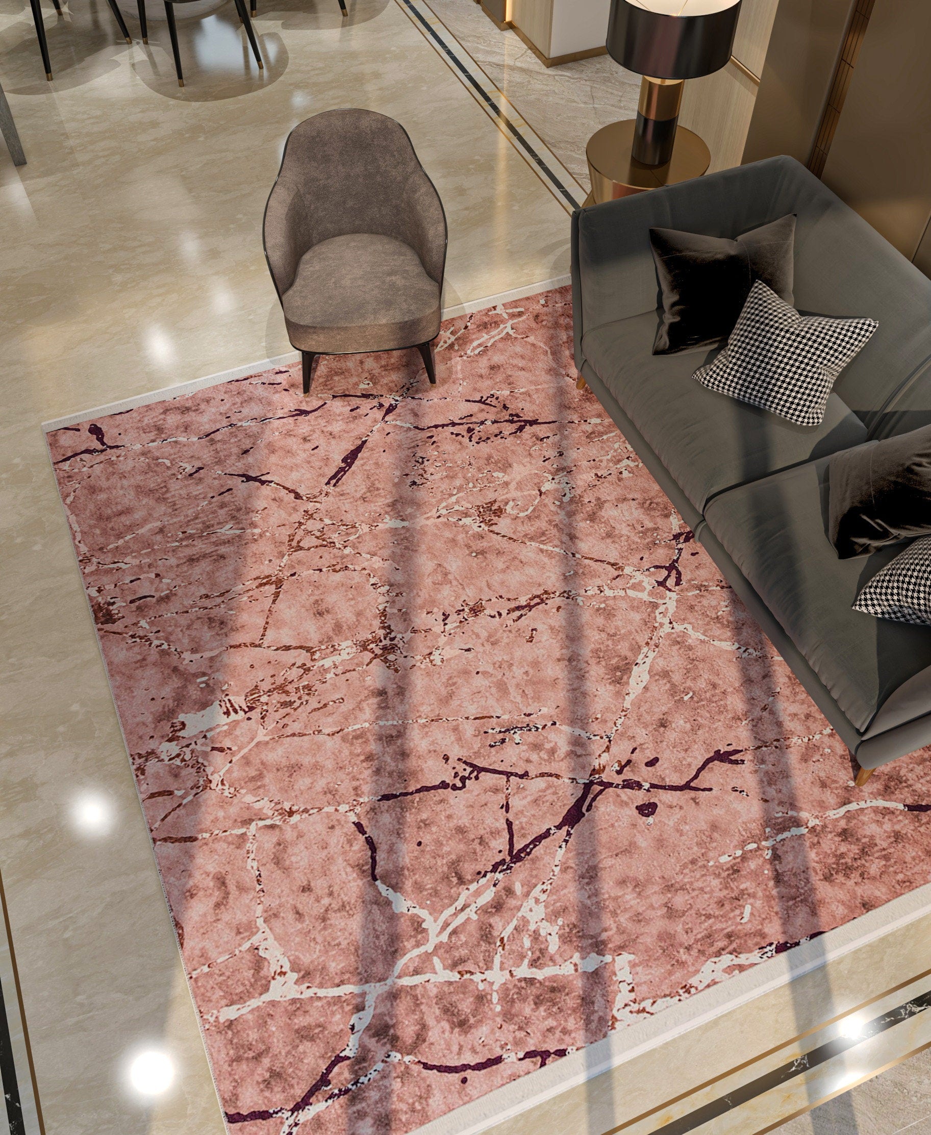 Pink Marble Area Rug – Rose Gold Mauve Washable Boho Carpet, Non-Slip Low Pile