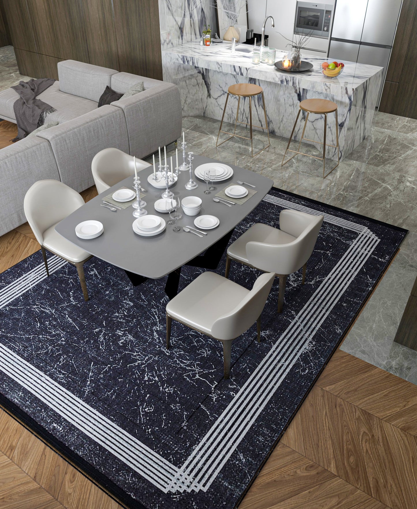 Modern Black Marble Area Rug, Minimalist Geometric Border Carpet, Contemporary Living Room Floor Rug
