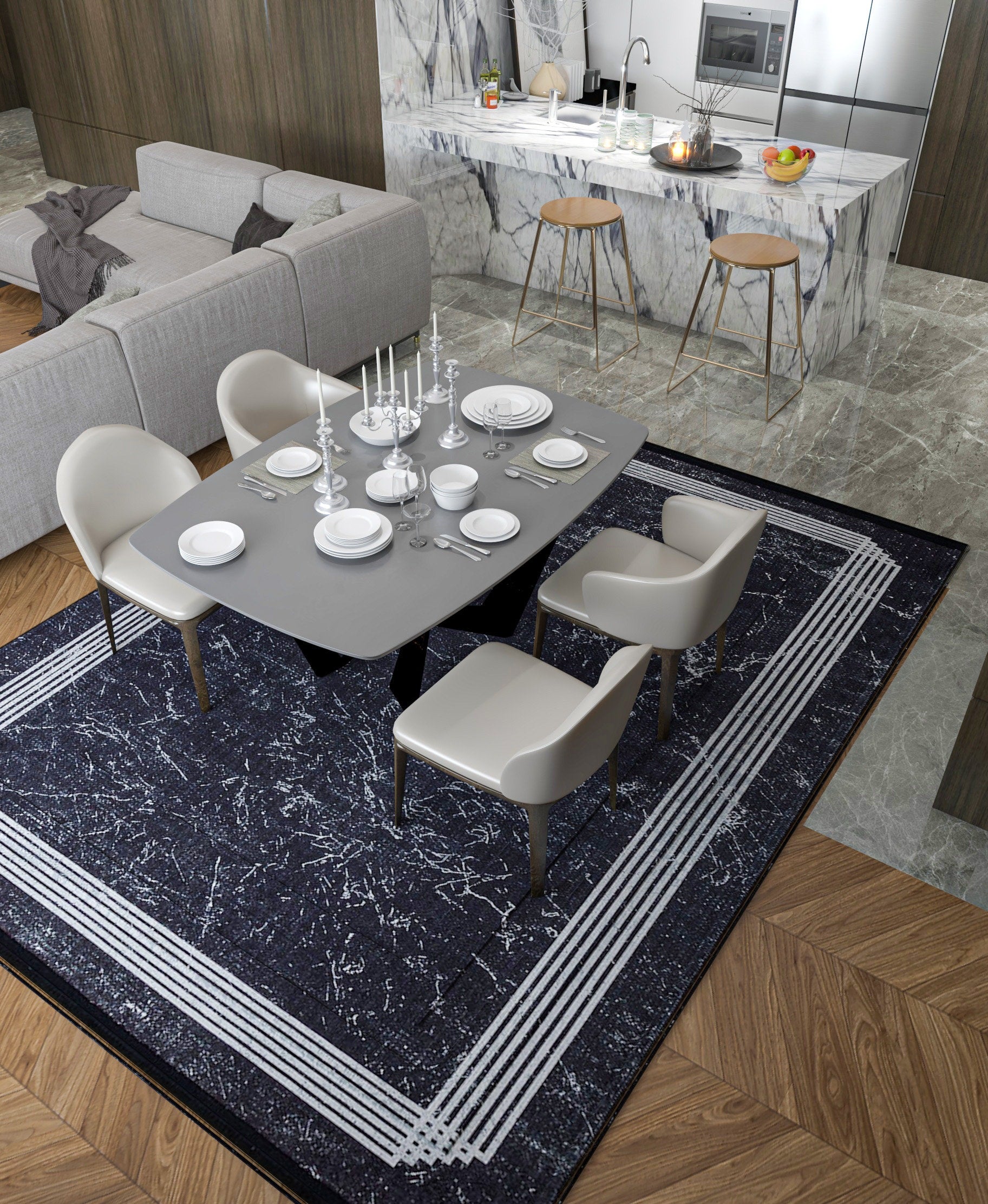 Modern Black Marble Area Rug, Minimalist Geometric Border Carpet, Contemporary Living Room Floor Rug