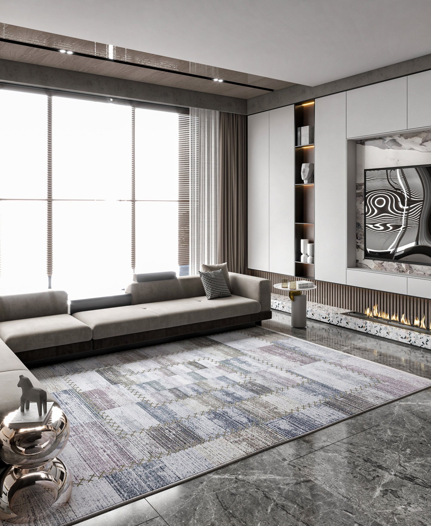 Washable Patchwork Area Rug – Distressed Geometric Carpet, Neutral Boho Living Room Home Decor