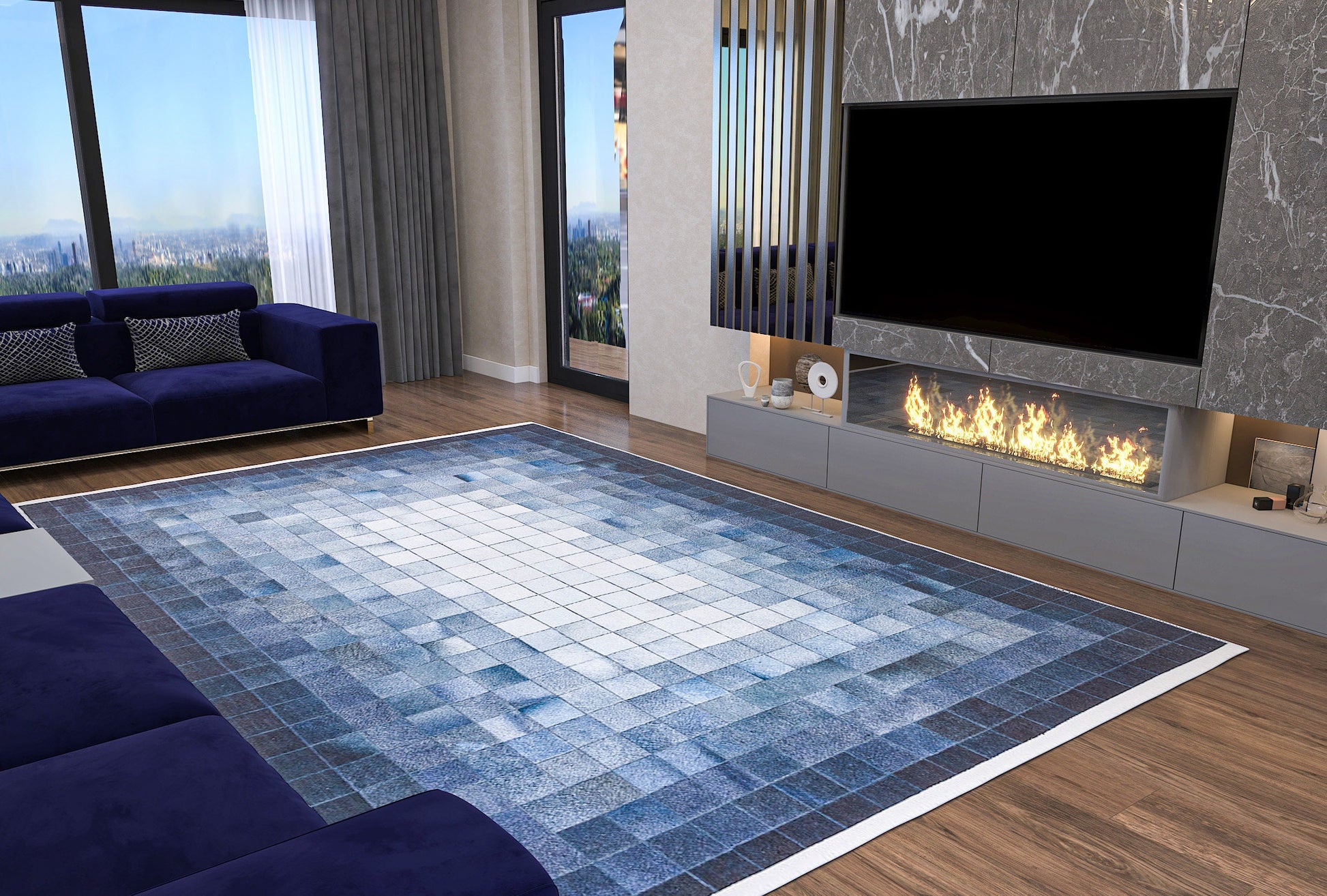 Blue Gradient Pixel Rug, Modern Geometric Washable Carpet (Non Slip)