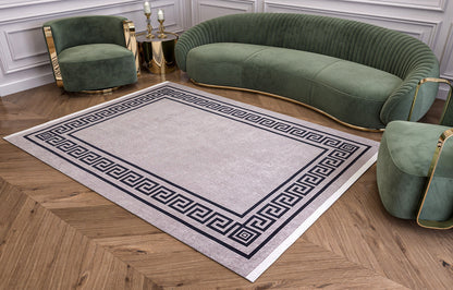 Washable Area Rug – Greek Key Border, Non-Slip, Modern Meander Design