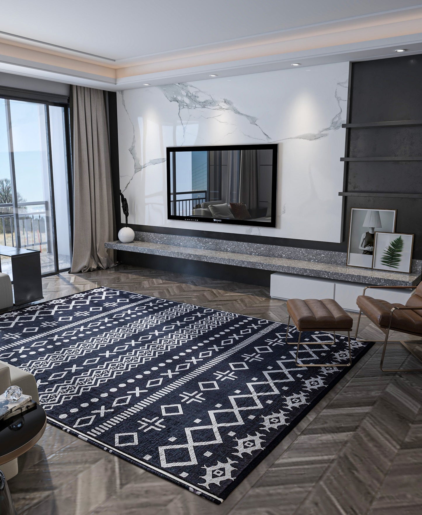 Black White Tribal Geometric Rug, Modern Boho Living Room Carpet, Washable Ethnic Pattern Decor
