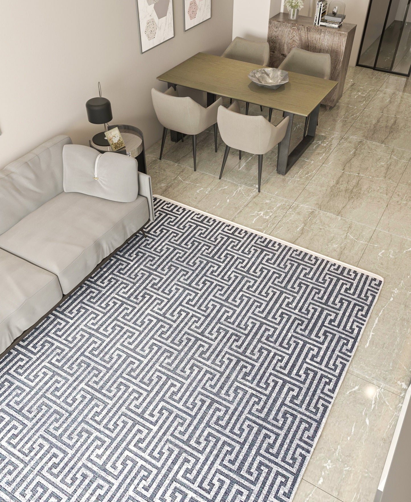 Washable Greek Key Area Rug – Navy Blue Meander Carpet, Non-Slip Low Pile
