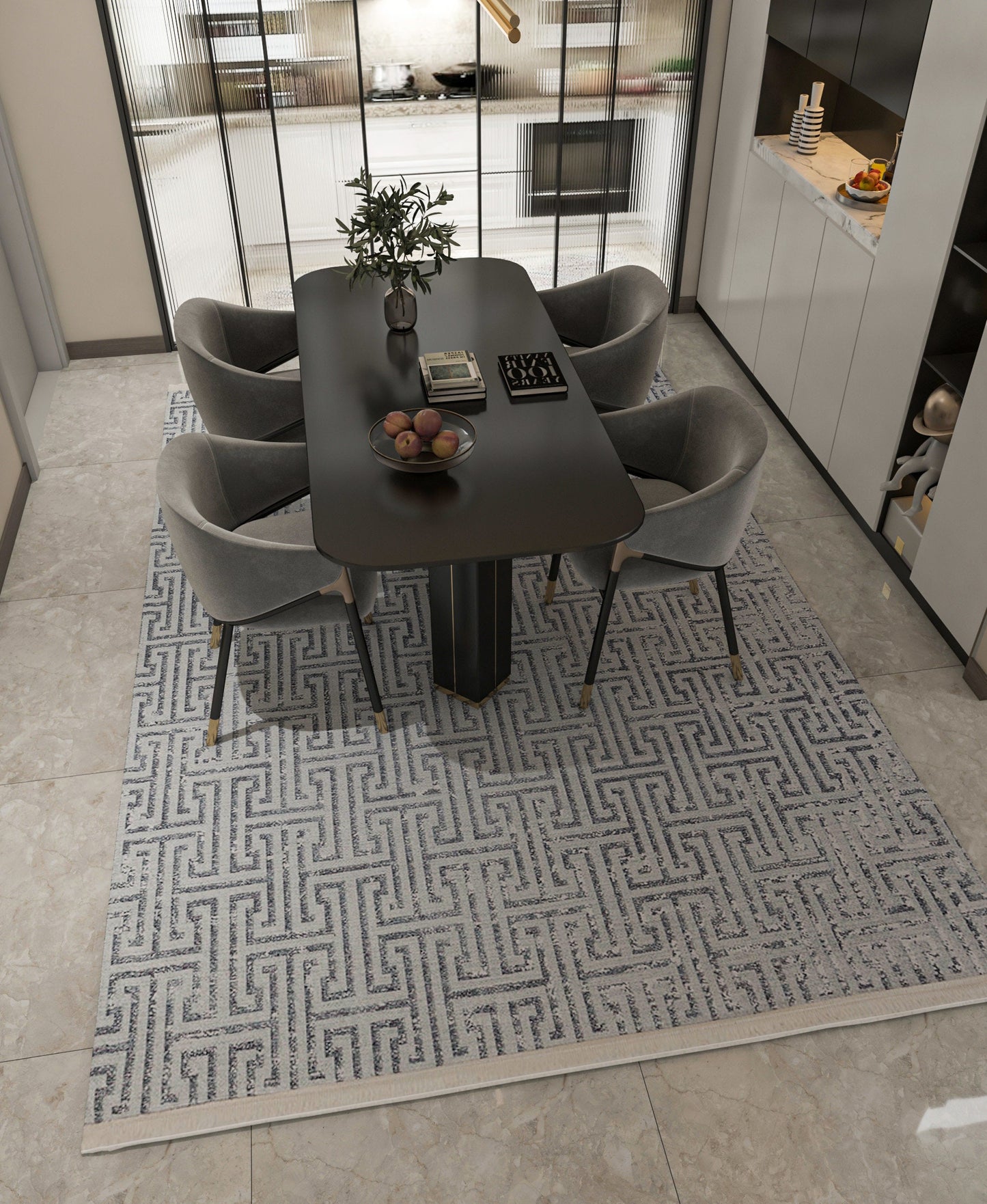 Modern Greek Key Area Rug – Gray Geometric Carpet, Minimalist Living Room Decor