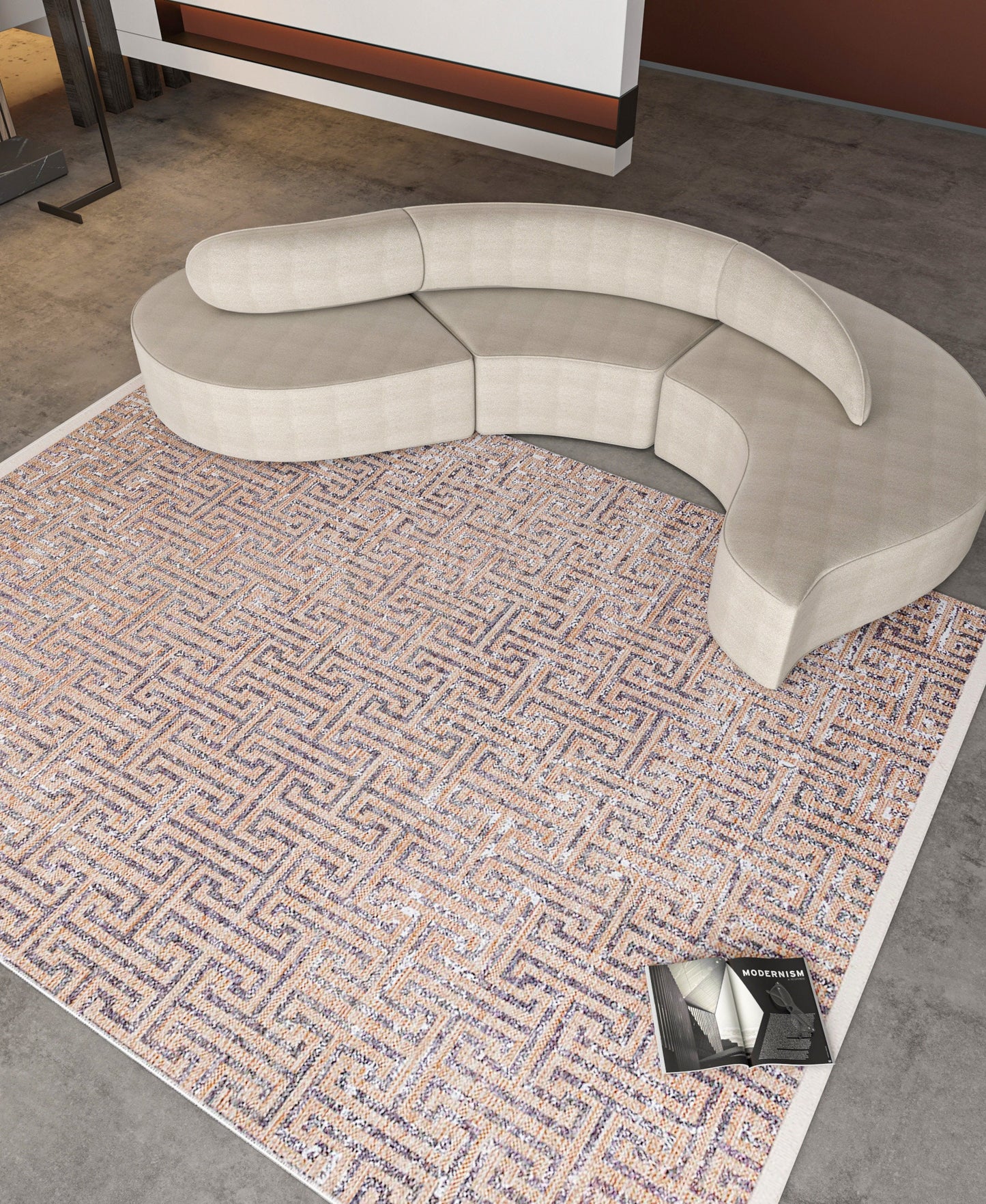Modern Greek Key Distressed Washable Area Rug – Faded Terracotta & Grey Geometric Non-Slip Carpet