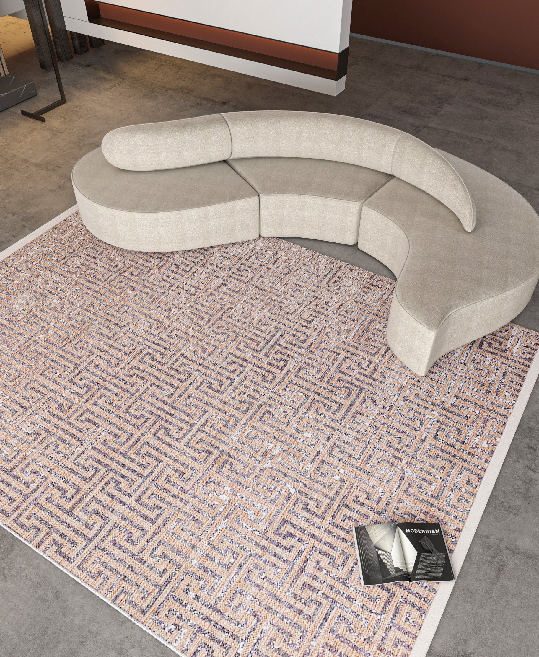 Modern Greek Key Distressed Washable Area Rug – Faded Terracotta & Grey Geometric Non-Slip Carpet