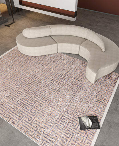 Modern Greek Key Distressed Washable Area Rug – Faded Terracotta & Grey Geometric Non-Slip Carpet