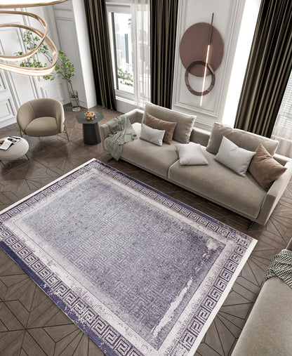 Distressed Persian Style Rug – Blue Grey Greek Key Border, Washable Boho Carpet