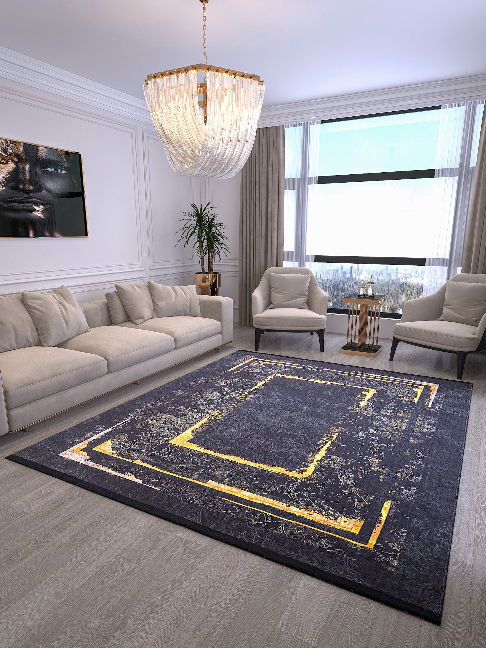 Black Gold Distressed Area Rug, Modern Geometric Border Carpet