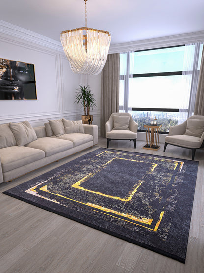 Black Gold Distressed Area Rug, Modern Geometric Border Carpet