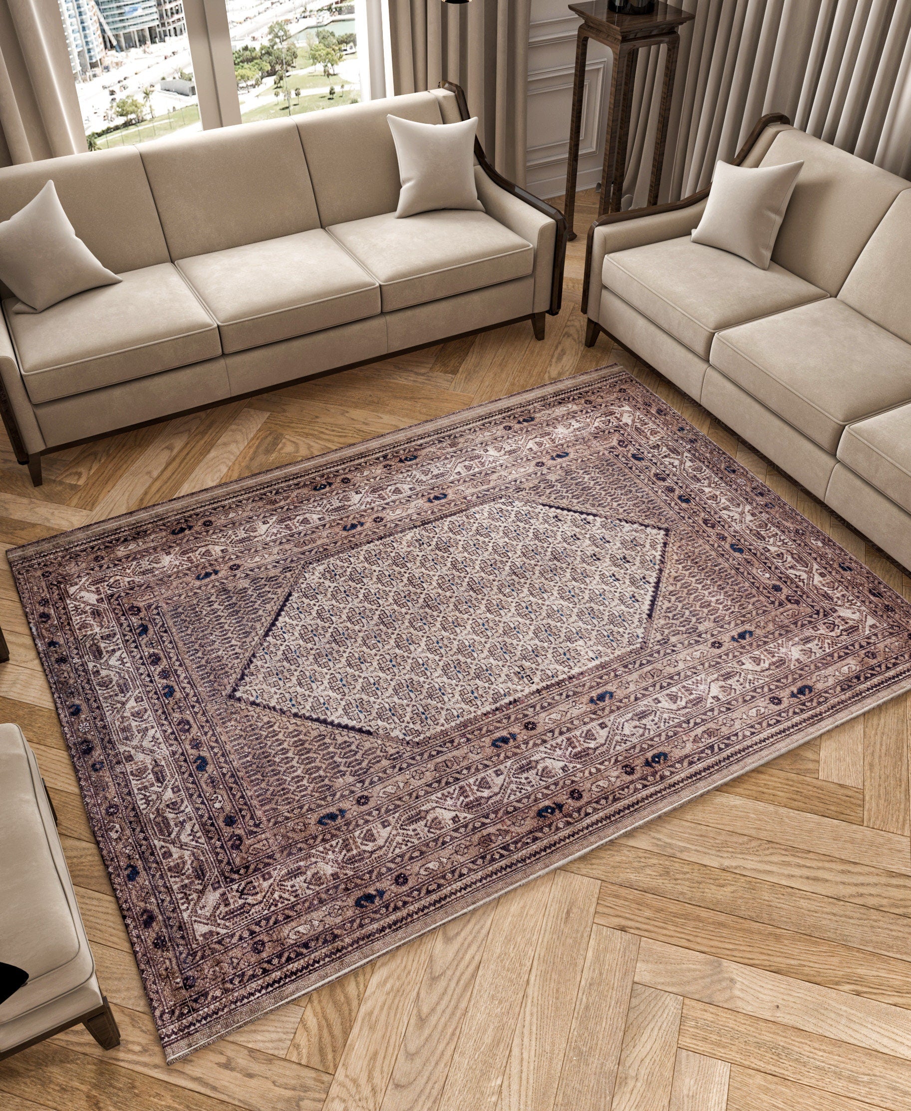 Beige Turkish Rug: Classic Medallion Anatolian Carpet