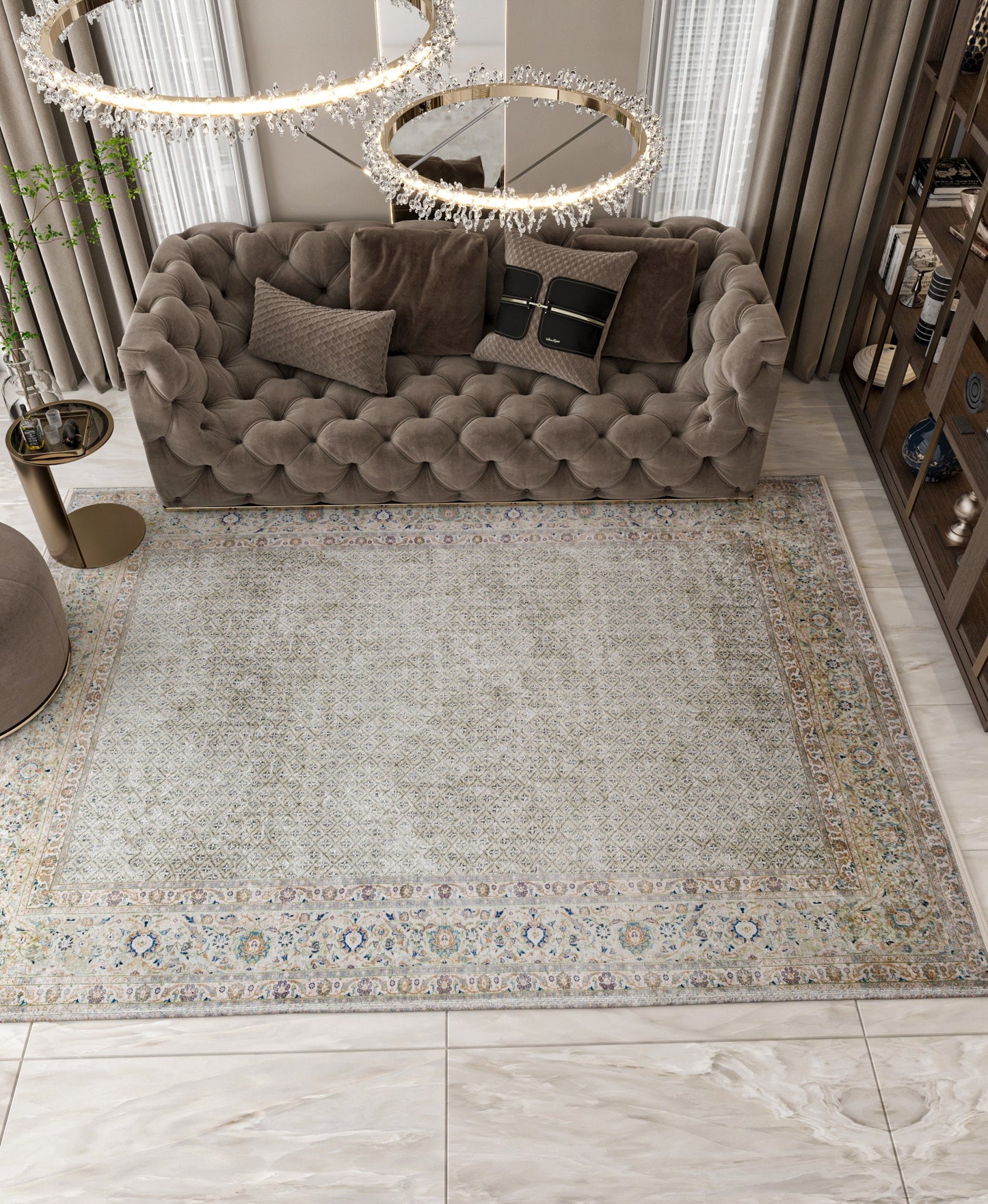 Distressed Persian Area Rug – Sage Cream Traditional Turkish Carpet, Washable Low Pile