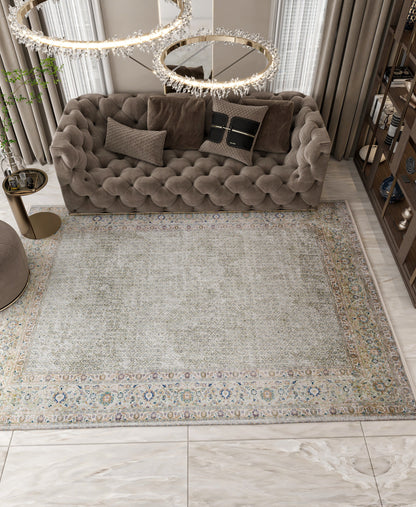 Distressed Persian Area Rug – Sage Cream Traditional Turkish Carpet, Washable Low Pile