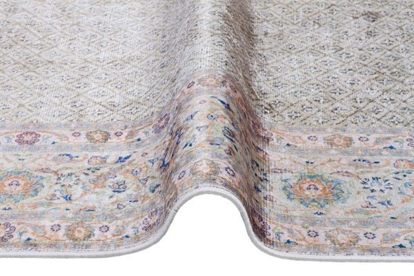 Distressed Persian Area Rug – Sage Cream Traditional Turkish Carpet, Washable Low Pile