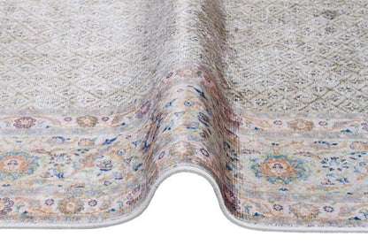 Distressed Persian Area Rug – Sage Cream Traditional Turkish Carpet, Washable Low Pile