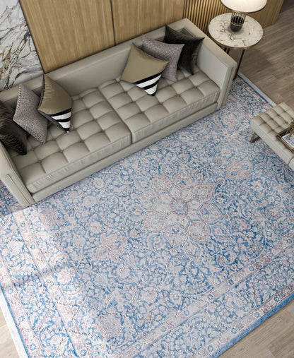 Distressed Medallion Area Rug – Turquoise Persian Style Carpet, Non-Slip