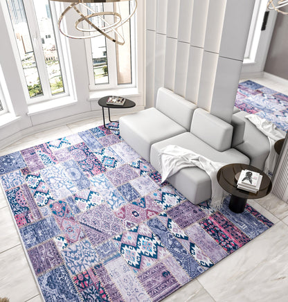 Bohemian Patchwork Rug, Purple Indigo Vintage Style Distressed Carpet, Easy Clean Non-Shedding