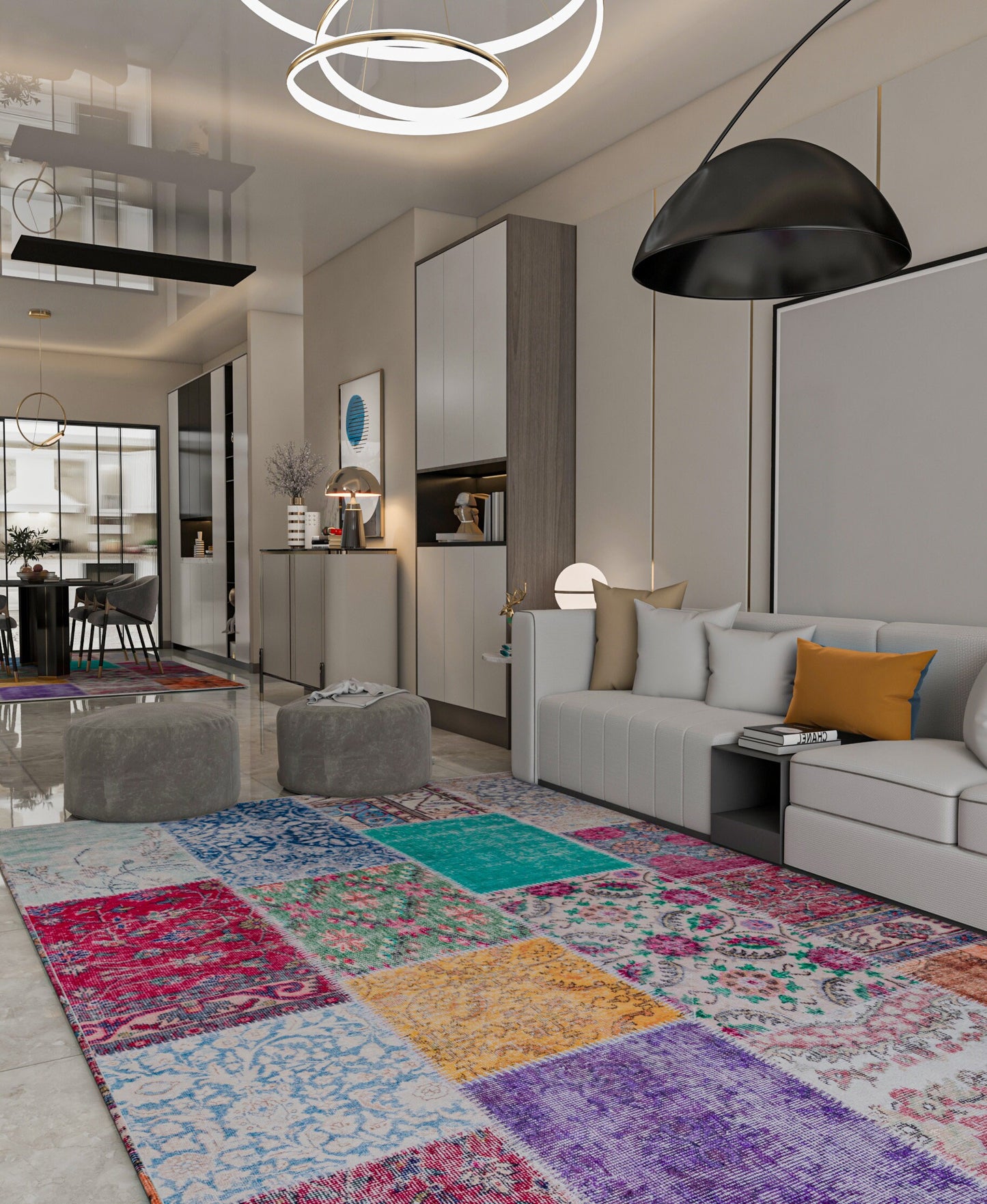 Bohemian Patchwork Rug, Distressed Persian Style Carpet, Non-Slip Medallion Floor Mat