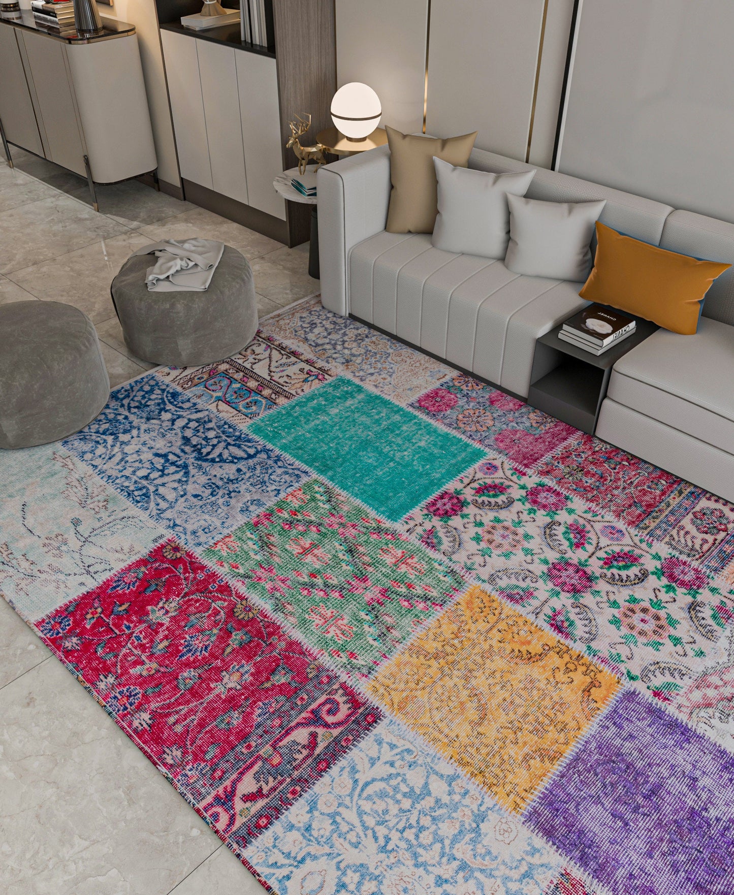 Bohemian Patchwork Rug, Distressed Persian Style Carpet, Non-Slip Medallion Floor Mat