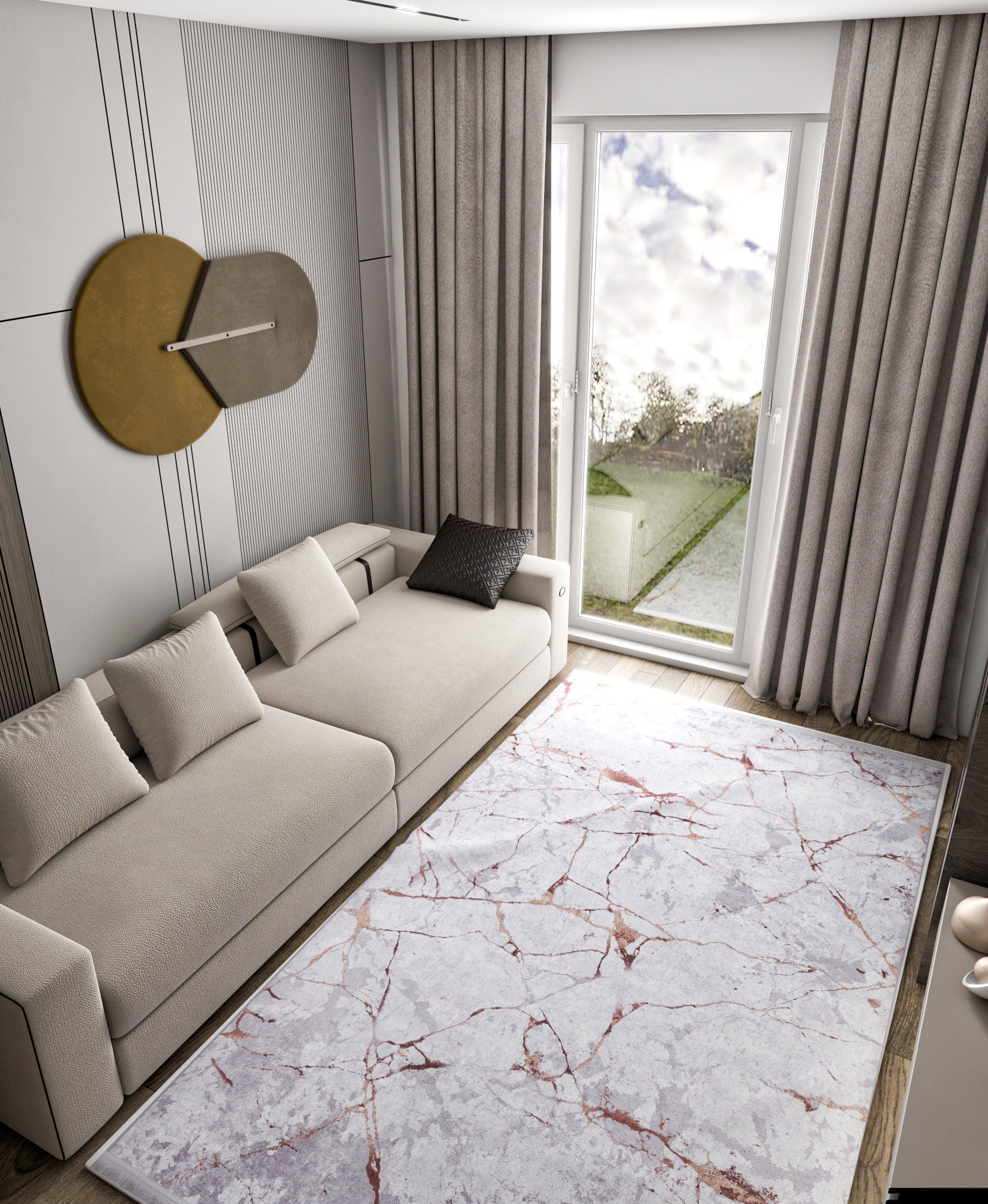 Gray Rose Gold Marble Area Rug, Abstract Washable Living Room Carpet, Non-Slip Thin Mat