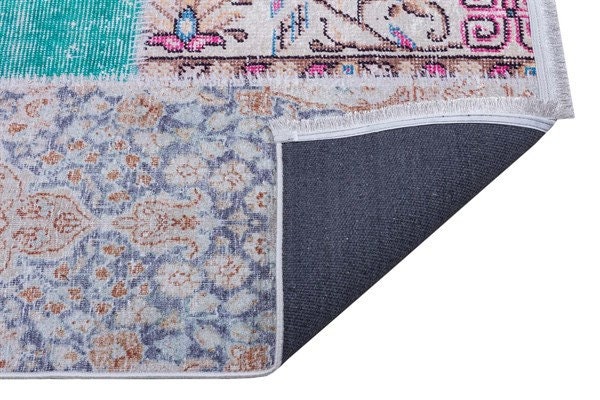 Bohemian Patchwork Rug, Distressed Persian Style Carpet, Non-Slip Medallion Floor Mat