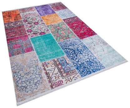Bohemian Patchwork Rug, Distressed Persian Style Carpet, Non-Slip Medallion Floor Mat