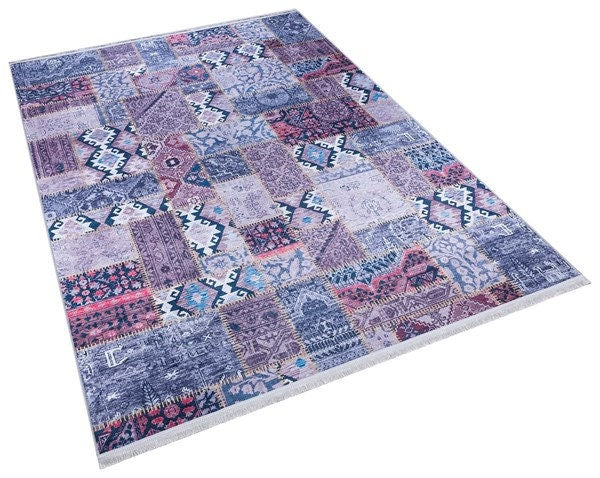 Bohemian Patchwork Rug, Purple Indigo Vintage Style Distressed Carpet, Easy Clean Non-Shedding