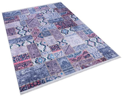 Bohemian Patchwork Rug, Purple Indigo Vintage Style Distressed Carpet, Easy Clean Non-Shedding